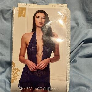 Deep-V Lace Chemise - navy blue